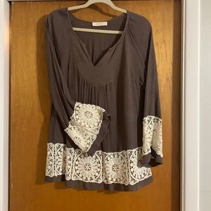 Cocoa color with off white lace sleeves and front
